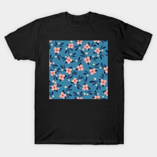 Pink flowers on blue T-Shirt